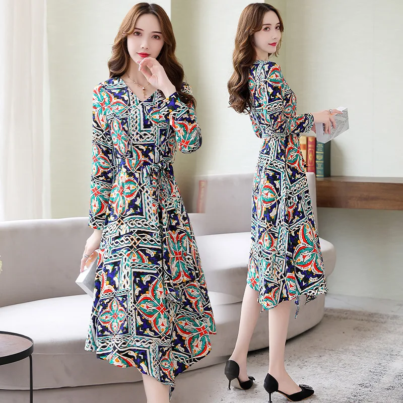 

Long Sleeve Printed Chiffon Dress Mid-length 2020 Spring WOMEN'S Dress New Style Elegant Popular French Fairy Long Skirts