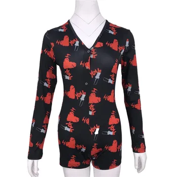 

Fashion Women Bodysuit Pajamas Print Long Sleeve Sleepwear Short Romper One Piece Jumpsuit Bodycon Nightwear Sleep Wear