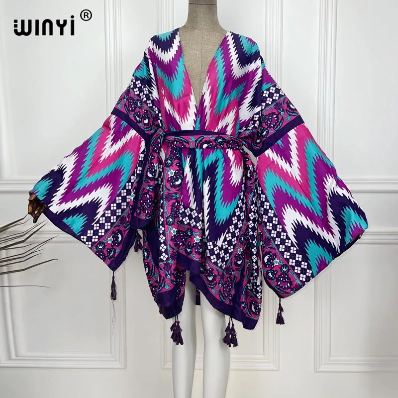 2021 WINYI new Cotton Bikini Sweet Lady Pink Boho Print Self Belted Front Open Long Kimono Dress Beach Tunic Women Wrap Dresses bathing suit with matching cover up