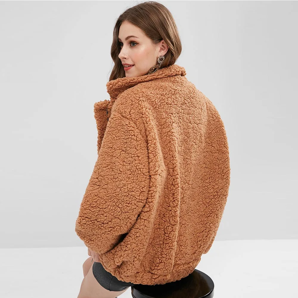 Beste Zaful Slip Zakken Faux Fur Teddy Jas Vrouwen Pluizige Brede Taille Winter Uitloper Warme Overjas Vrouwelijke Tuniek Sherpa Vlakte jas