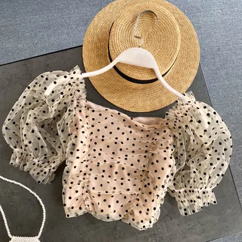 

Chic Women's Puffy Short Sleeve Polka Dots Mesh Top Sweet Ruched Short Top