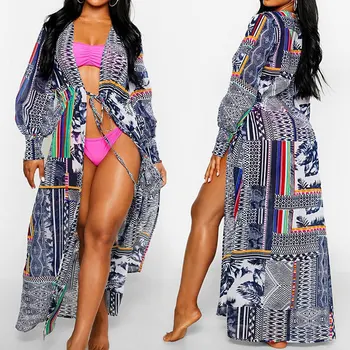 

Kaftan Cover-Up Swimsuit Cover Up Swimwear Women Fashion Beach Blue White Chiffon Cardigan Loose Sun Protection Bikini Animal