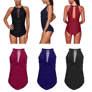 

Womens Halter Mesh Net Monokini High Cut One Piece Swimsuit Ruffle Beachwear