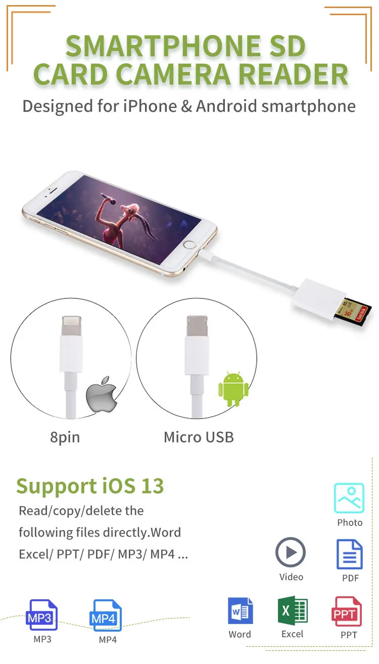 OTG Мобильный телефон Aux адаптер 8 Pin и Micro USB порт 2 в 1 Передача SD карт ридер для смартфонов Поддержка Android и iOS системы