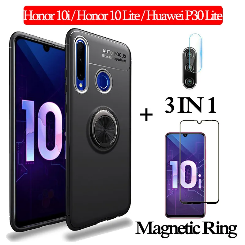 3-in-1 Black Case 3-в-1 стекло+ магнитом Силиконовое чехол хонор 10 лайт чехол на Honor 10i 10Lite мягкий чехол на телефона huawei p30lite чехол полное покрытие чехол на хонор 10i чехол honor 10i магнитная кольцом чехол - Цвет: 3-in-1 Black Case