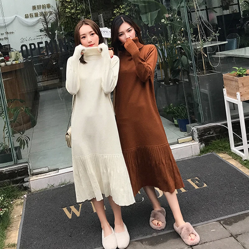 Осенне-зимнее женское вязаное платье элегантное платье-свитер с высоким