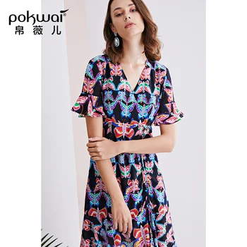 

POKWAI 100% silk dress A-line casual style V-Neck short sleeve maxi dresses