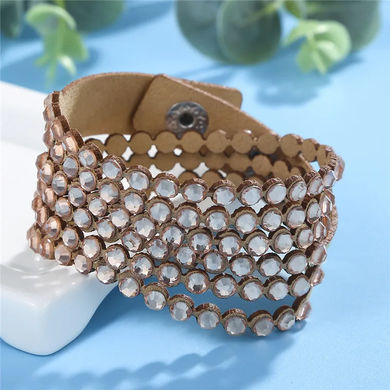 HOCOLE, очаровательный кожаный браслет со стразами, браслет с кристаллами, многослойные браслеты для женщин, pulseras mujer moda, ювелирные изделия - Окраска металла: Champagne BraceletS