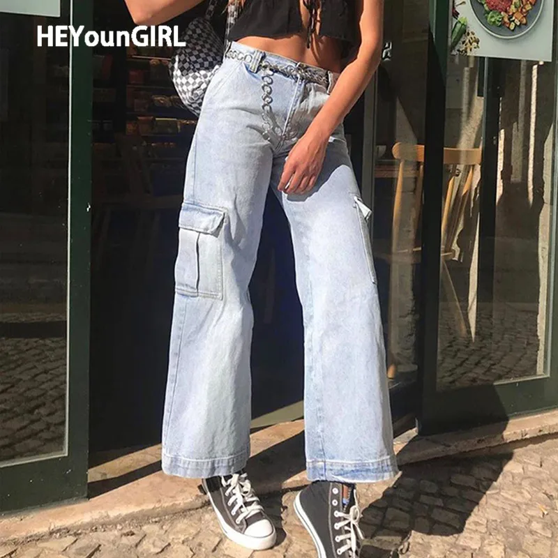 Повседневные синие джинсовые брюки HEYounGIRL с высокой талией винтажные прямые