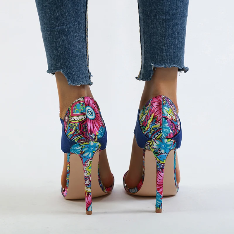 NIUFUNI Plus Size 35-42 Pointed Toe Peacock Pattern Women's Sandals Stiletto High Heels Party Women's Shoes Sandales Femmes 2019