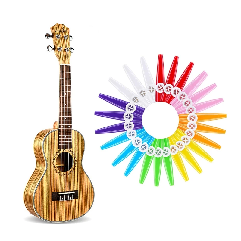 

25 Pcs Musical Instrument: 24 Pcs Plastic Kazoos 8 Colorful Kazoo Musical Instrument & 1 Pcs Tenor Ukulele 26 Inch 18 Frets 4 St
