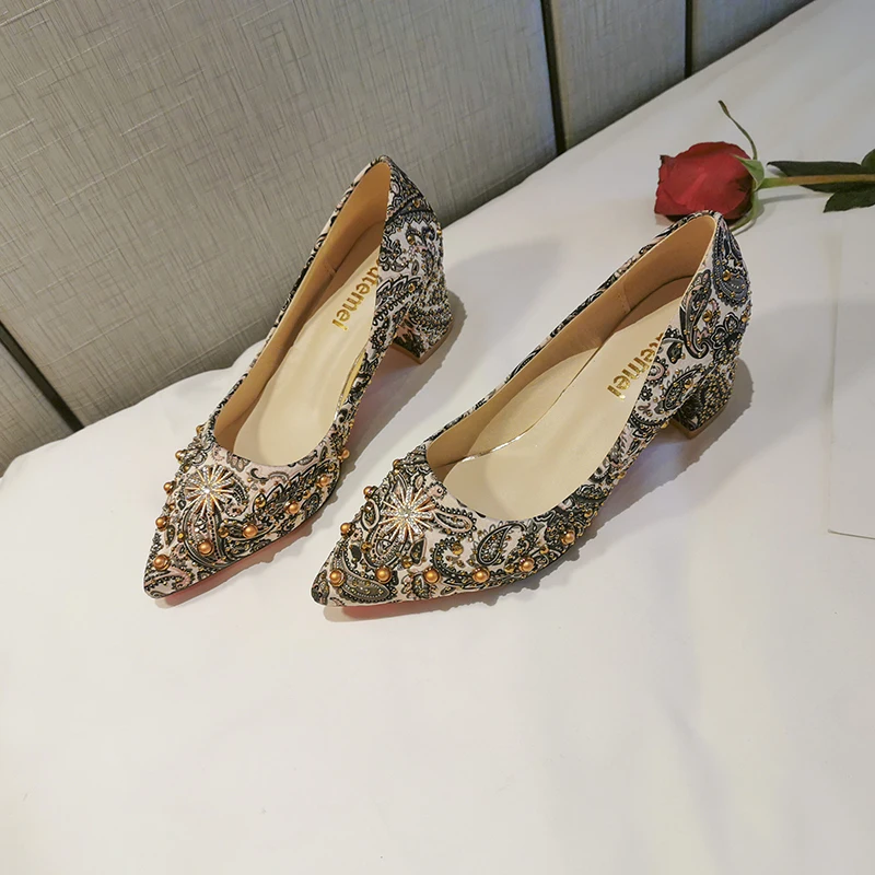 

2020 Pumps Women Shoes Autumn Platform Women Pumps High Heels Shoes Shallow Flowers OL Female Wedding Party Shoes U14-42