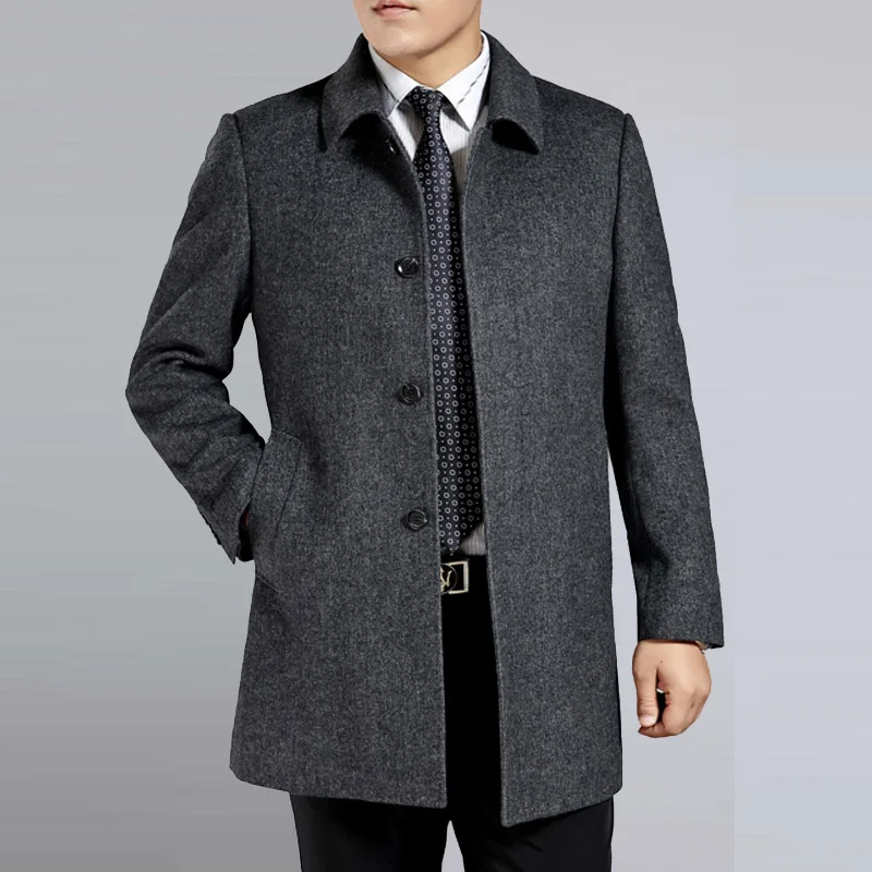 thin lining grey New Autumn Winter Middle Age Men's Cashmere Coat Men Wool Trench Male Turn Down Collar Single Breasted Woolen Outerwear - Цвет: thin lining grey