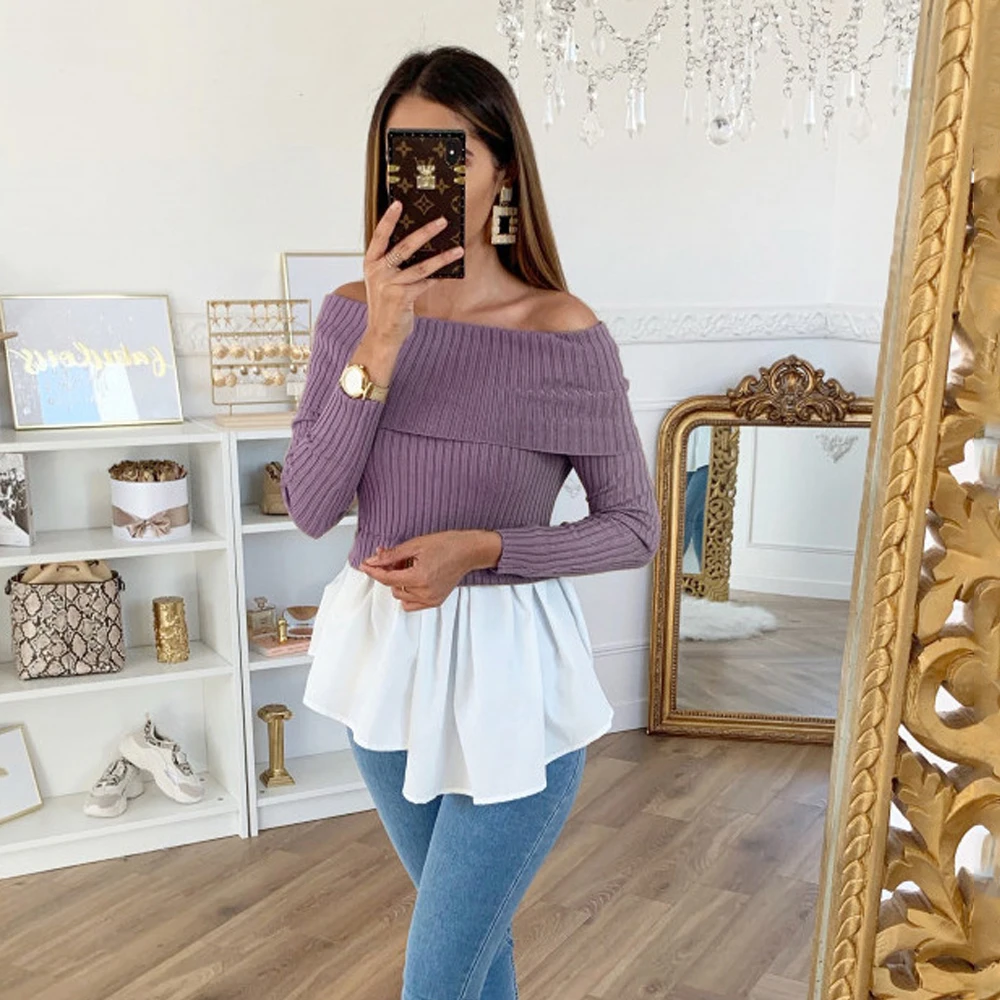 

Fall 2020 New Sexy Off-shoulder Ruffled Hem Slim-fit Sweater Women's Long-sleeved Twill Neck Elegant Sweet Blouse Retro Pullover