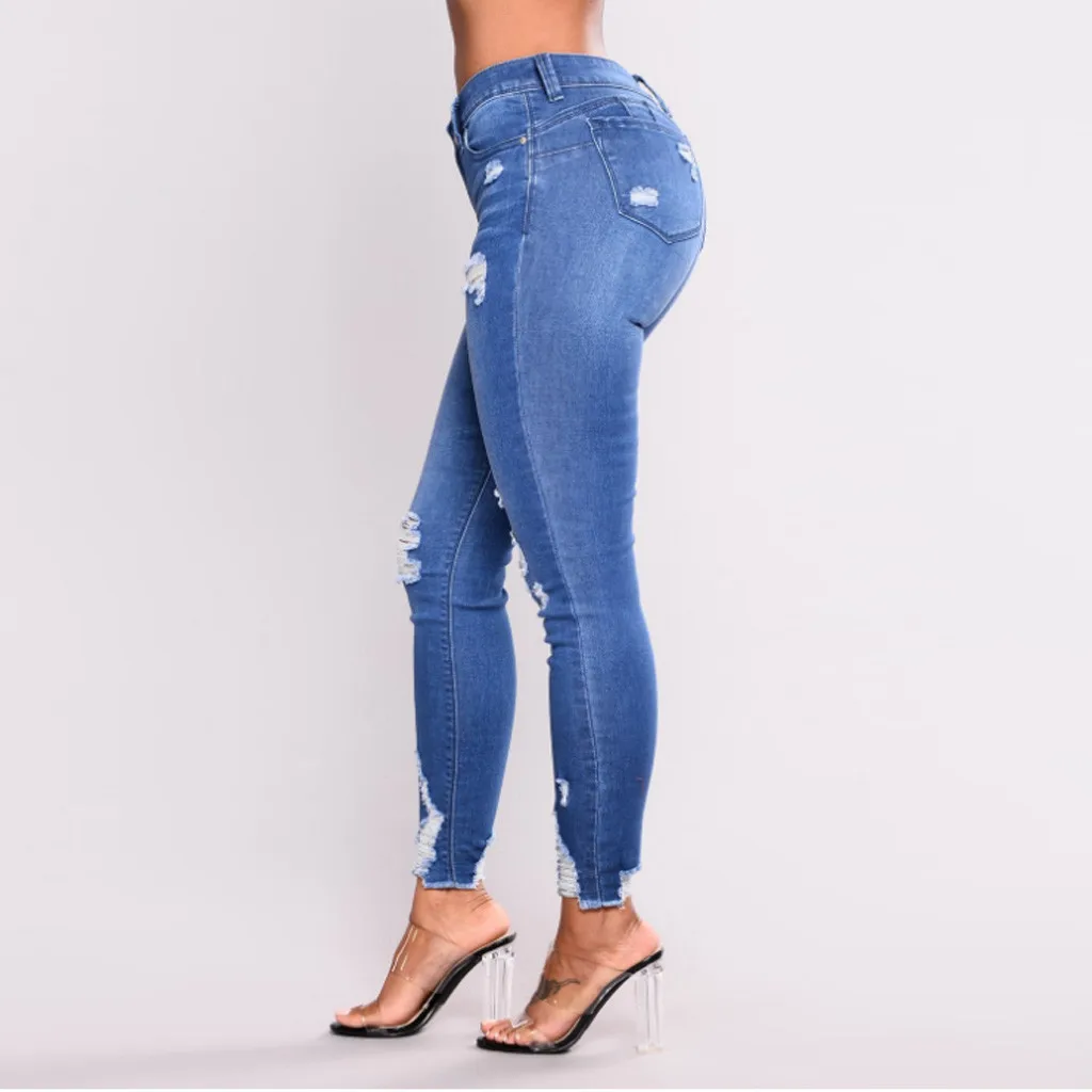 Новинка, ультра эластичные Синие рваные джинсы с кисточками, женские джинсовые штаны, брюки для женщин, узкие джинсы, Прямая поставка, Z1016