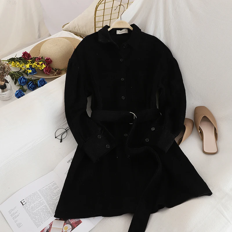 SINGRAIN женское плотное вельветовое платье, модная Корейская винтажная теплая верхняя одежда, Осенние романтические платья, зимнее миди длинное платье-рубашка - Цвет: black