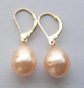 

free shipping A PAIR OF 10-12MM AUSTRALIAN SOUTH SEA PINK PEARL EARRING 14k/20 YELLOW GOLD