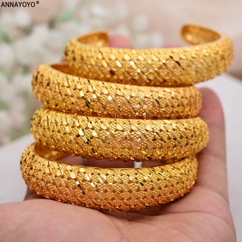 

ANNAYOYO 4 Pieces/Lot Dubai Bangle Women Ethiopian Gold Color Bracelets Middle East Best Wedding Jewelry African Ornaments