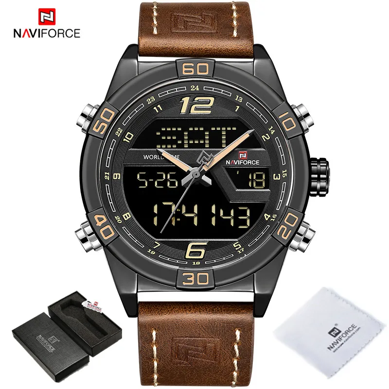 NAVIFORCE Business Watch for Men Genuine Leather Dual Display Digital Clock Waterproof Dial Fashion Wristwatch Relogio Masculino 