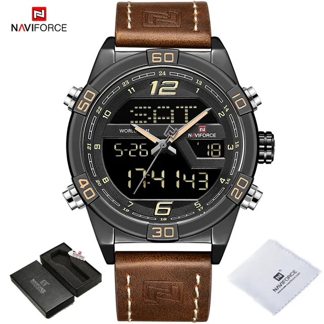 NAVIFORCE Luxury Gold Watches For Men Leather Band Waterproof Digital Alarm Sport WristWatch Man Military Dual Time Quartz Clock BYDBN BOX
