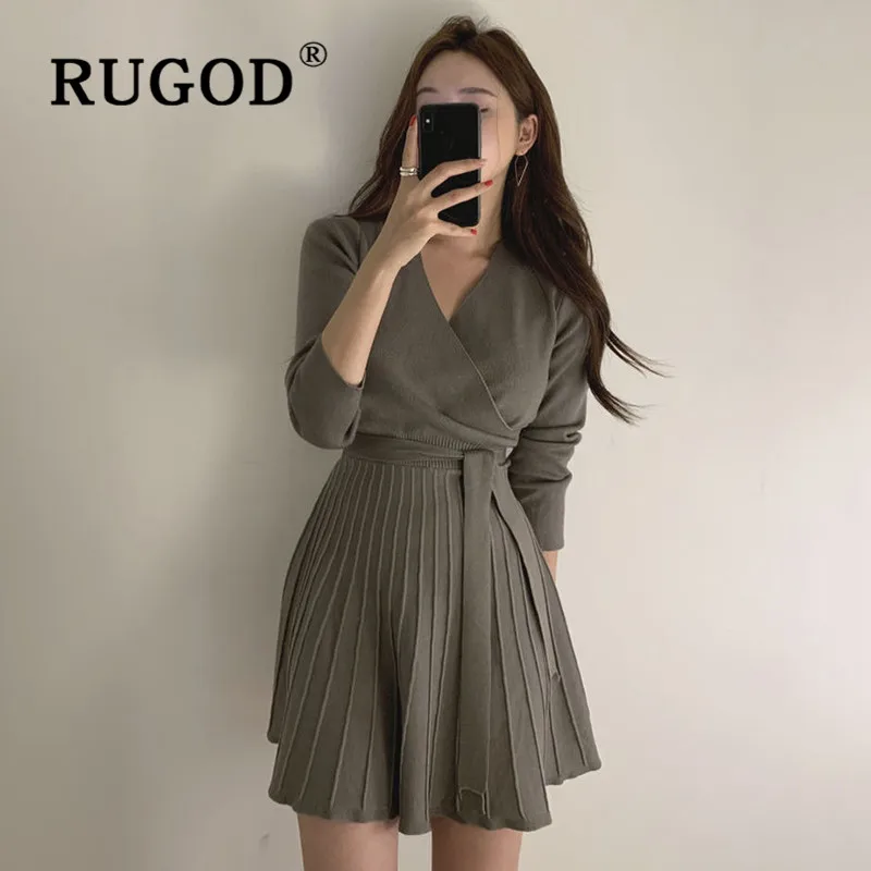 RUGOD, шикарное Повседневное платье Simplee, трикотажное Плиссированное ТРАПЕЦИЕВИДНОЕ ПЛАТЬЕ, солидные вечерние платья для женщин, цельное трикотажное платье с v-образным вырезом