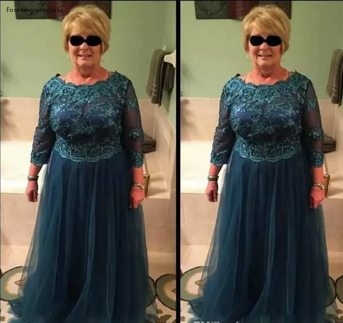Plus Size A Line Mother of Bride Dresses Long Sleeves Lace Top Mother Gowns Jewel Neck Soft Tulle Mother Dresses Madre installata 122