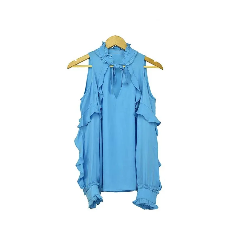 

Solid Color Women's Off Shoulder Shirt Bow Lace-up Ruffles Sweet Long Sleeve V-neck Office Lady Blouse and Tops 2020 Spring