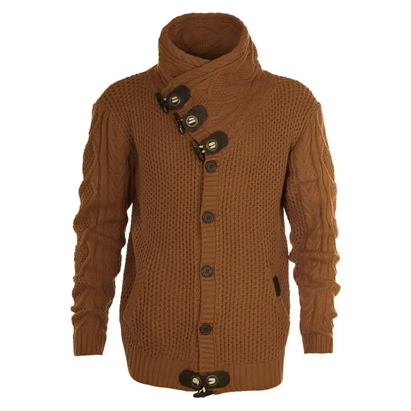 Laamei мужской свитер с пряжкой, кардиган на осень и зиму, модный теплый толстый вязаный джемпер с высоким воротом - Цвет: Коричневый