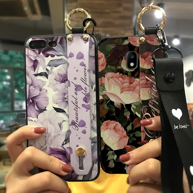 

Shockproof Lanyard Phone Case For Samsung Galaxy J730 / J7 2017 /J7 Pro Flower Series Phone Holder Delicate TPU Silicone Cover
