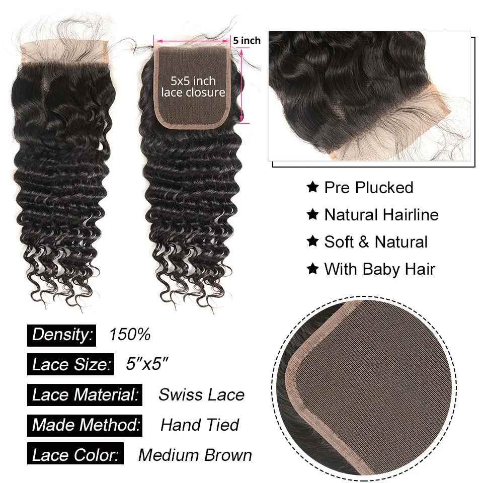 AliPearl Hair Deep Wave Bundles With 5x5 Lace Closure Human Hair 3 Bundles With Closure Free Part Remy Hair Extension 5