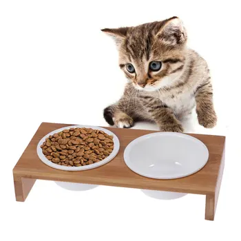 

1PC Dual Dog Bowl Durable Anti-Corrosion Bamboo Base Creative Food Holder Water Bowl for Cat Pet