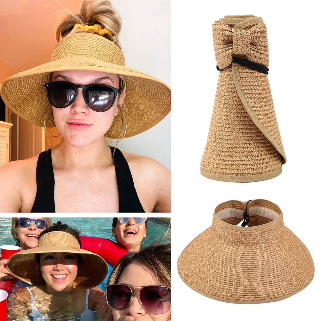 Visera enrollable para mujer, sombrero de paja de ala ancha, plegable, con protección UV, para playa y viaje, novedad de 2023