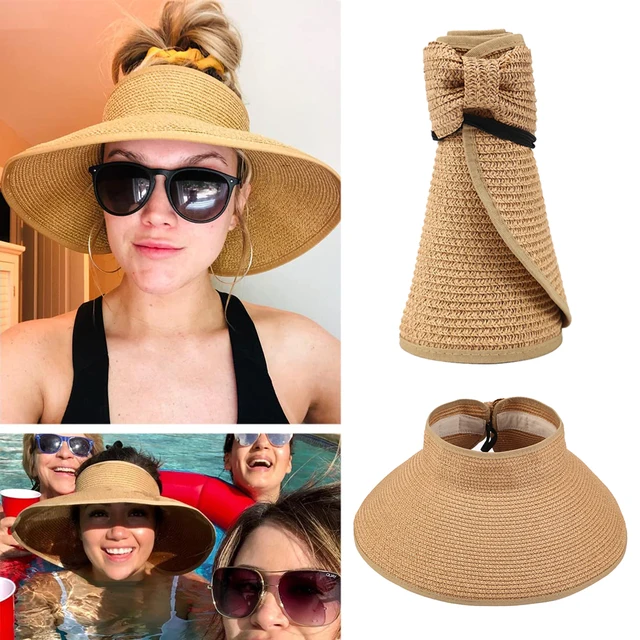 2023 New Women Roll Up Sun Visor Wide Brim Straw Hat Summer Foldable Packable UV Protection Cap for Beach Travel Bonnet 1