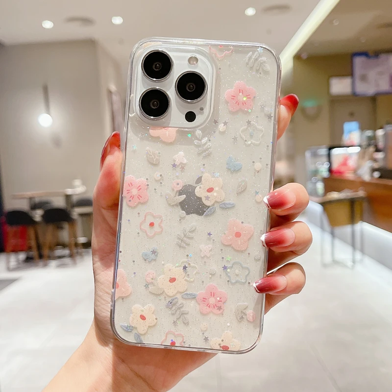 Shining Glitter Star Flowers Case For Iphone 13 12 11 Pro XS Max Mini X XR 7 8 Plus SE2020 Ultra-thin Transparent Soft Tpu Cover 13 pro max case