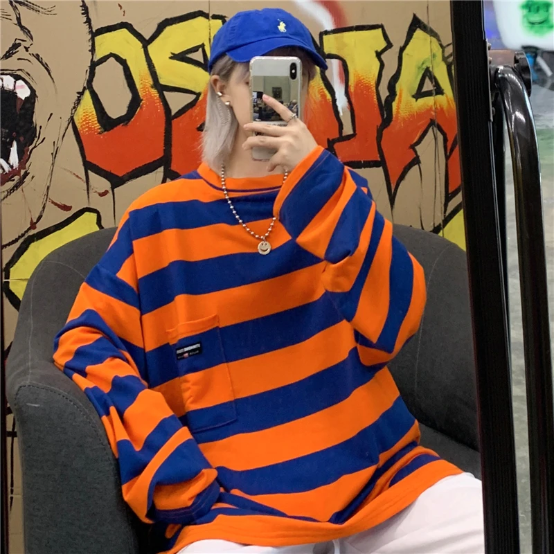 

Qlychee Streetwear Color Block Autumn Women T-shirt Long Sleeve Loose Women T-shirts Orange and Blue Stripe Lady T Shirt