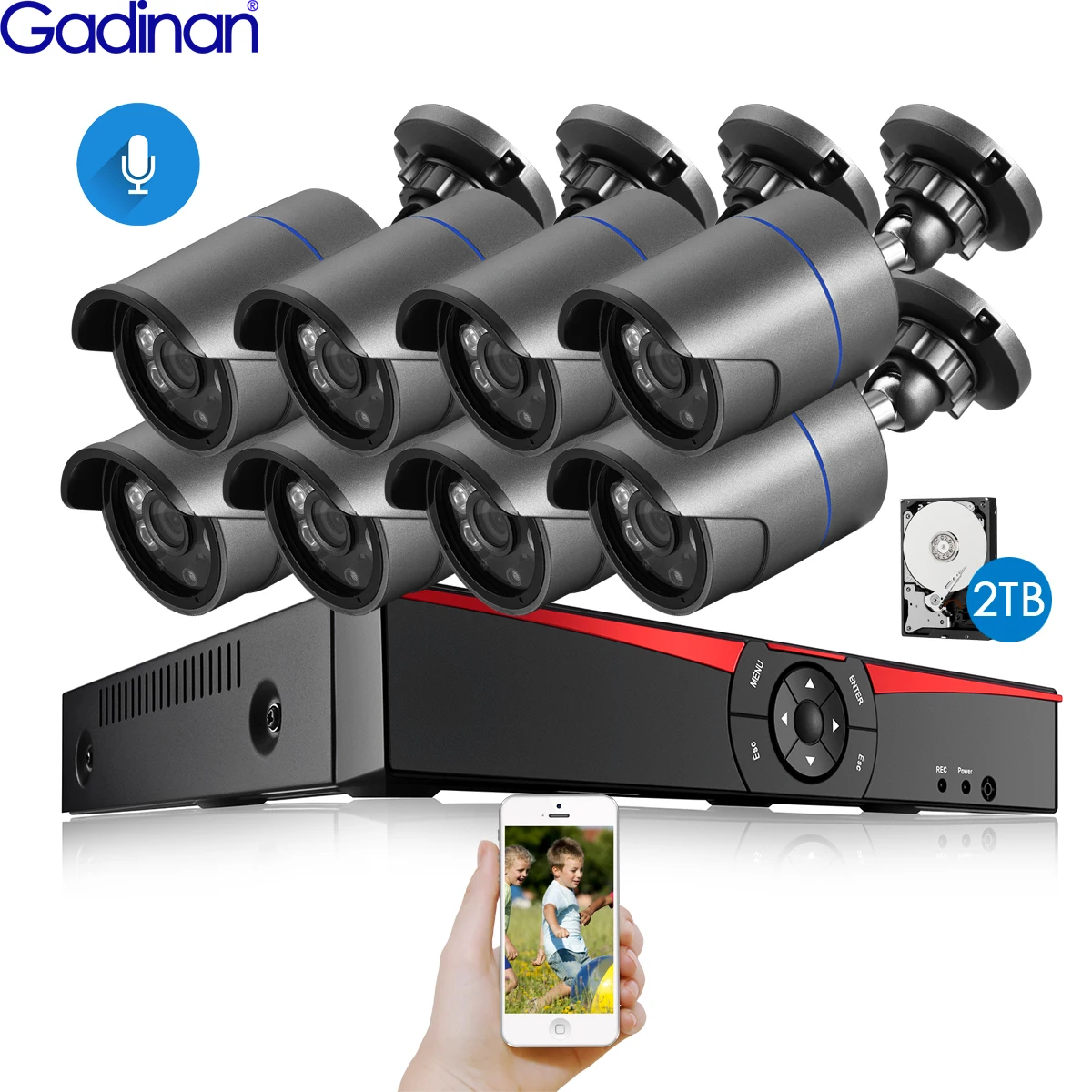 Gadinan 8CH 5MP HDMI POE NVR Kit 3.0MP Outdoor Audio Record IP Camera CCTV Security System Video Surveillance Set 2TB HDD | Безопасность