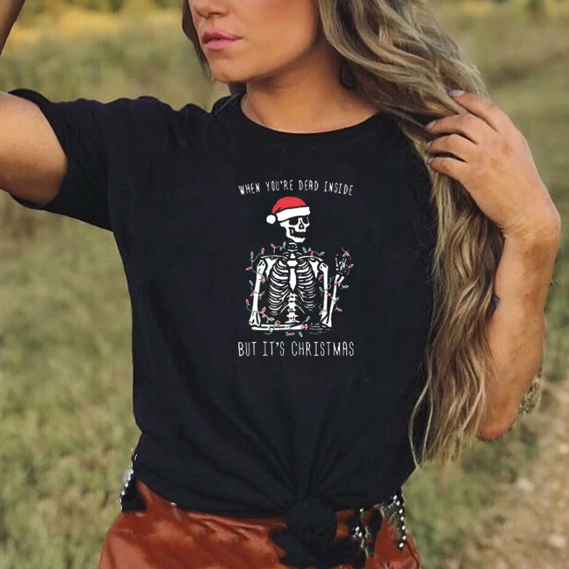Skeleton Skull Santa Hat Goth Halloween Christmas Mashup T Shirt Women Fashion Hot Sale Tops Cotton Casual Funny Christmas Tee