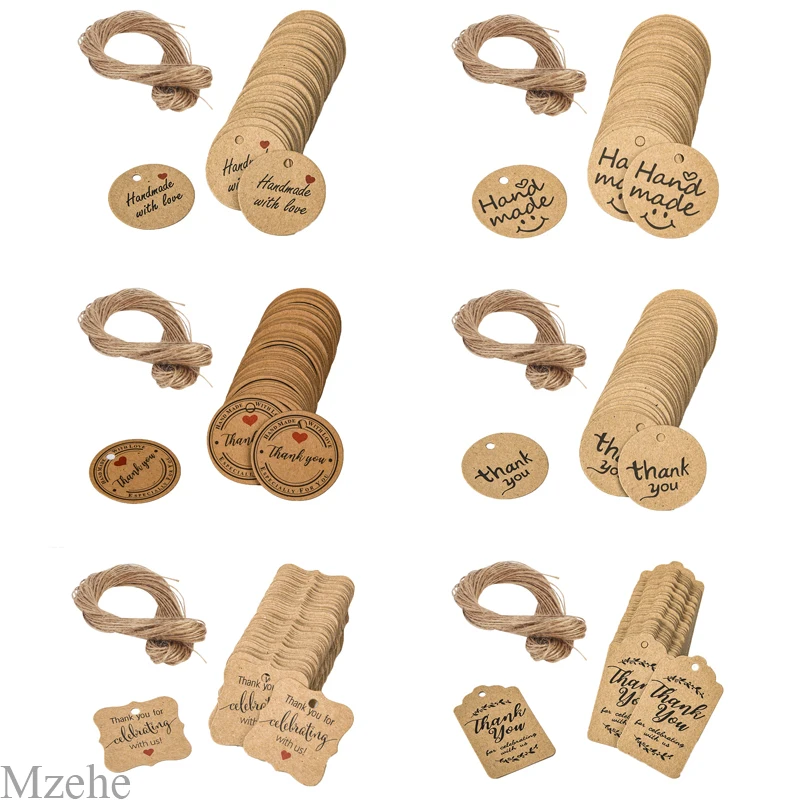 Etiquetas de regalo Kraft marrón, etiquetas de agradecimiento para decoraciones de fiesta de boda, tarjetas de regalo hechas a mano, embalaje de hornear, decoración colgante, 100 Uds.