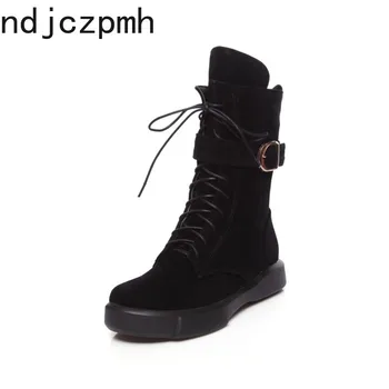 

Women's Boots The New Winter Fashion Round Head Lace-up Belt Buckle Low-heeled Middle Tube Martin Women's Shoes Plus Size 34-43