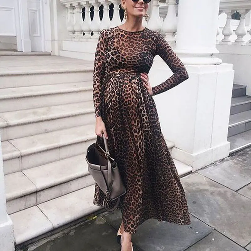 

Fashion Leopard Print Pregnancy Dress Photography Props Maternity Dress Long Sleeve Maternity Clothes For Women Photo Shoot