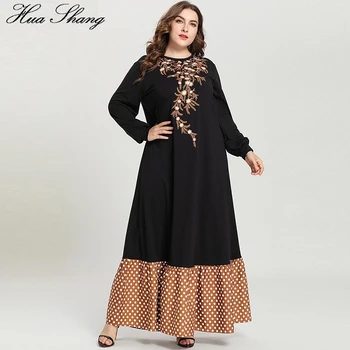 

Plus Size Muslim Dress Female Autumn Winter Long Sleeve Embroidery Floral Polka Dot Print Patchwork Maxi Abaya Dubai Dresses