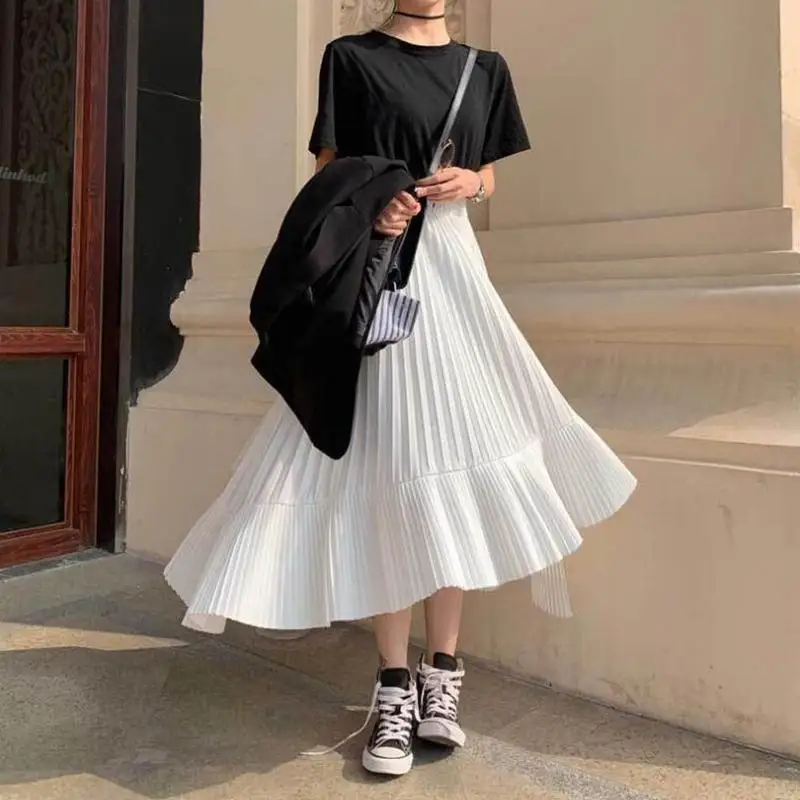 Asymmetrical Pleated Chiffon Long Skirt Women Summer Korean Fashion High Waist Skirt Female Casual Black White Skirt