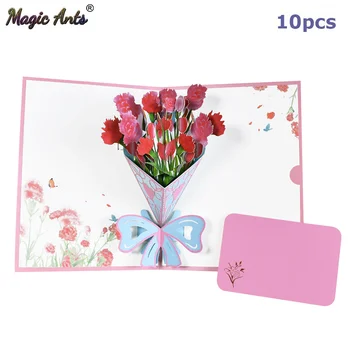 

10 Pack Pop-UP A Bouquet of Carnations Flowers Card Birthday Gift Cards Mothers Thanksgiving Day Greeting Card Wholesale