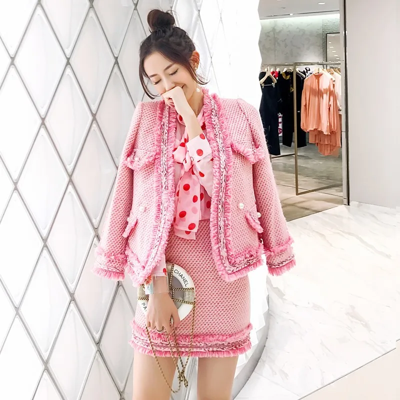 Брендовый роскошный женский розовый комплект твидовый Модный жакет с кисточками