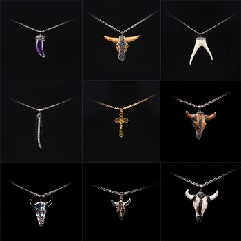 

Christian Pendant Neckalce Men Fashion Jewelry Jesus Cross Pendant Long Chain Necklace Handmade Paved Bull Head Charm Necklace