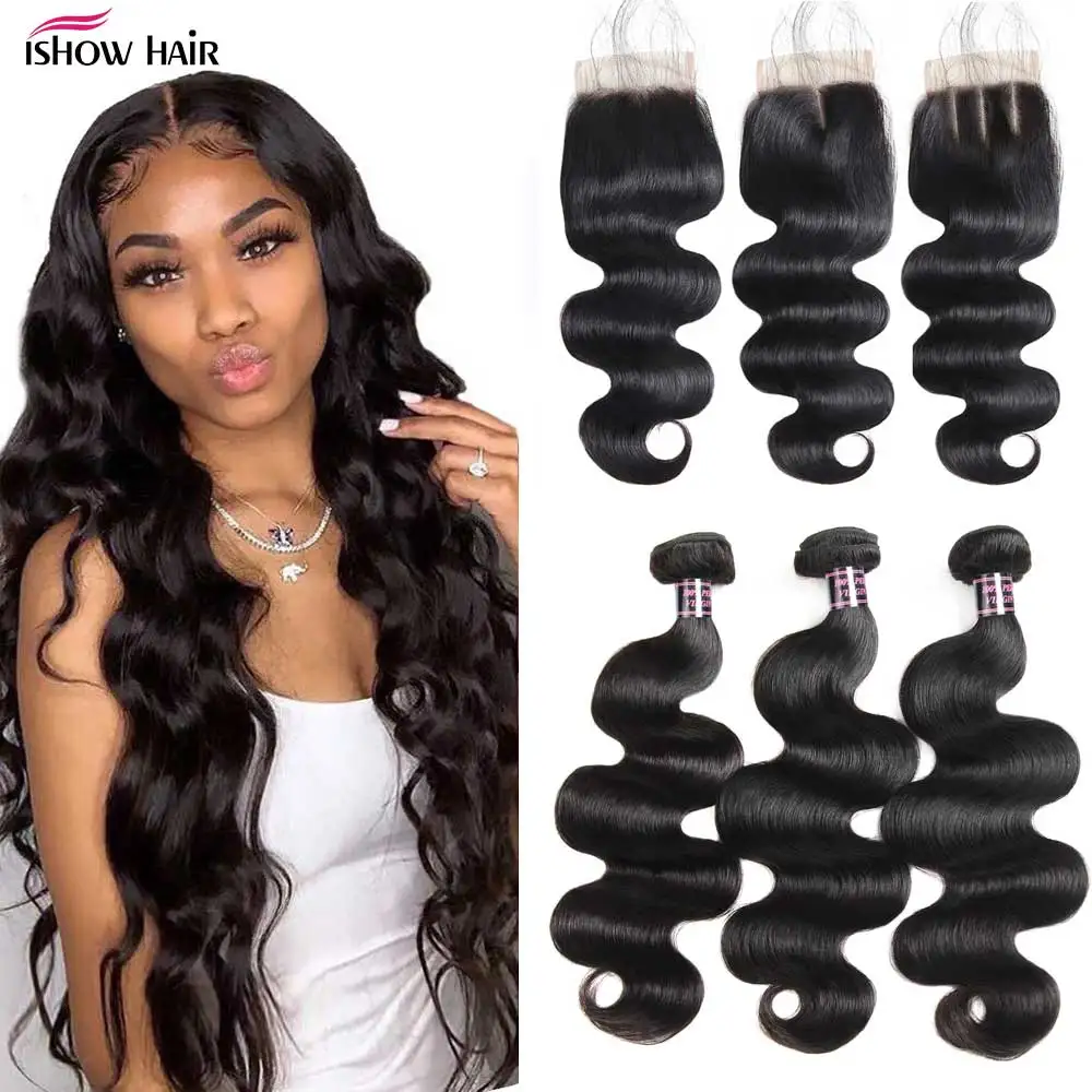 Mechones de pelo ondulado brasileño con cierre, extensiones de pelo ondulado, mechones con cierre, 4x4, Ishow Hair
