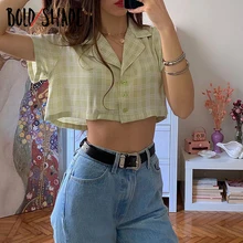 Bold Shade Indie Fashion Plaid Cropped Shirts Women Turn-down Collar Button Loose Soft Girl Outfit E-girl Short Sleeve Blouses