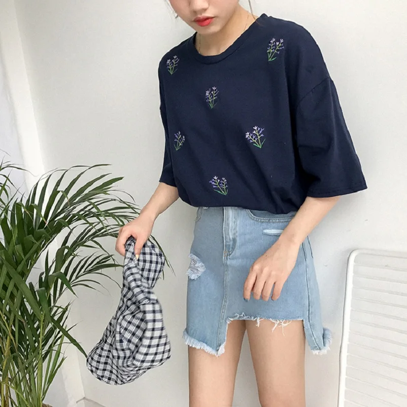 Женская футболка в японском стиле Панк Harajuku Ulzzang с цветочной вышивкой лаванды, женский корейский кавайный милый топ и футболка для женщин