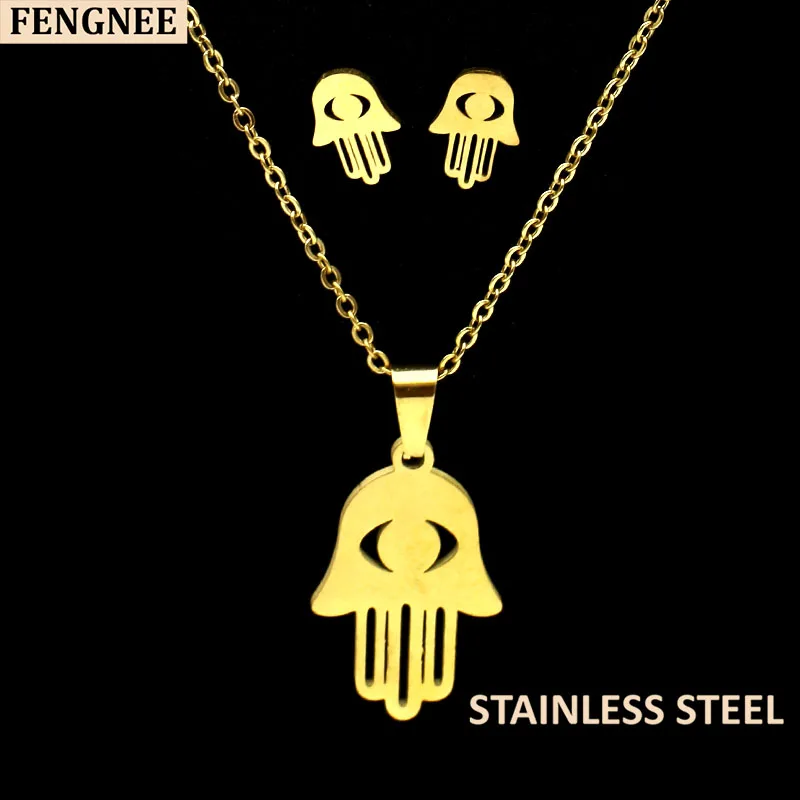 

fengnee Gold Color Stainless Steel Sets For Women hand Necklace Earrings Jewelry Set Wedding Jewelry