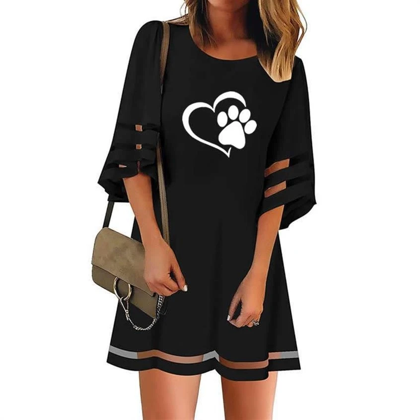 

Mesh Stitching Dress Dress Dog Paw Letters Print Summer Women Beach Clothing Ukraine Vestido De Festa